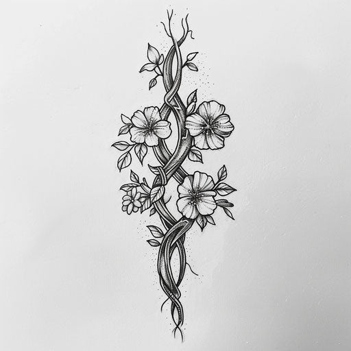 Elegant flat tattoo sketch of intertwined roots with delicate floral accents