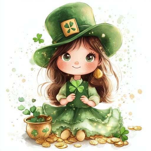Cute girl in green with clover and gold coins