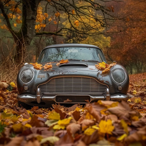 Rustic barn find Aston Martin DB6, surrounded by autumn leaves, awaiting restoration