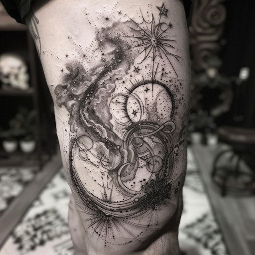 Hip tattoo with a celestial theme, in the style of J.P. Targete