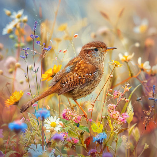 Wren with vibrant plumage among blooming wildflowers