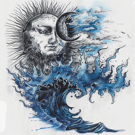 Nautical tattoo of sun and moon reflected over the ocean