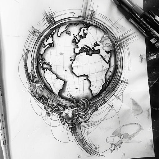 Biomechanical style flat tattoo sketch of Earth