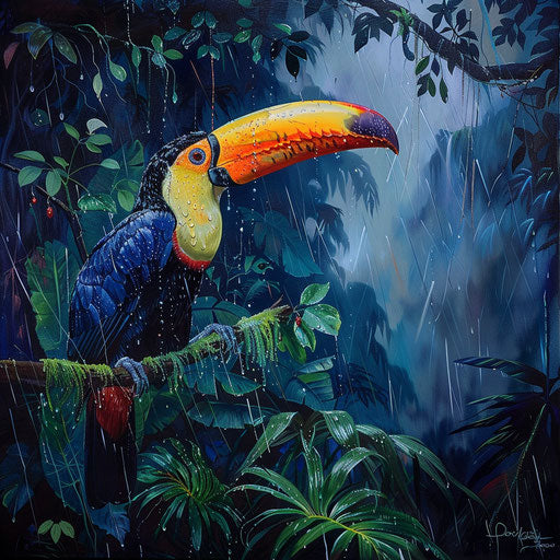 A toco toucan in a dramatic thunderstorm, vibrant colors contrasting with dark sky and lush foliage.