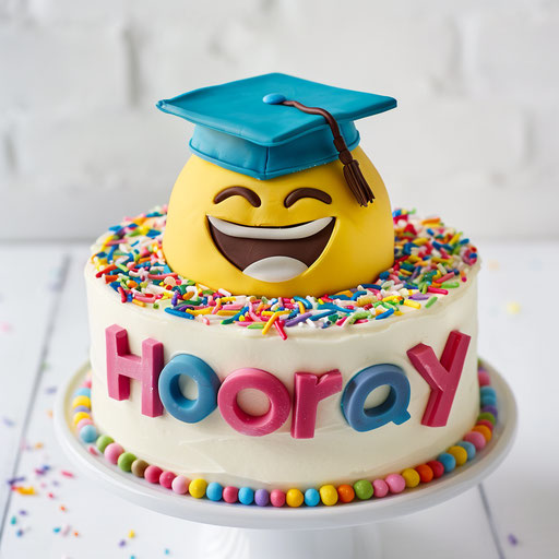 Emoji cake with yellow smiling face and colorful text