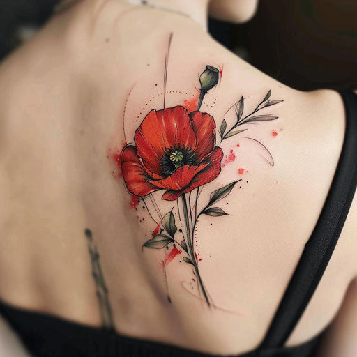 Contemporary poppy tattoo design with abstract elements and splashes of color on a white backdrop