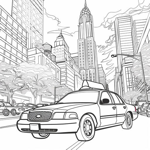 Outline of a taxi in a busy city street. Coloring book page