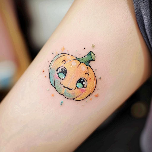Cute and simple tattoo sketch of a cartoonish pumpkin with big eyes in pastel colors