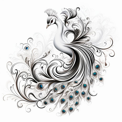 Elegant peacock drawing on white background, swirling vortexes