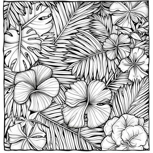 Detailed pattern of leaves and flowers in a jungle theme. Coloring book page