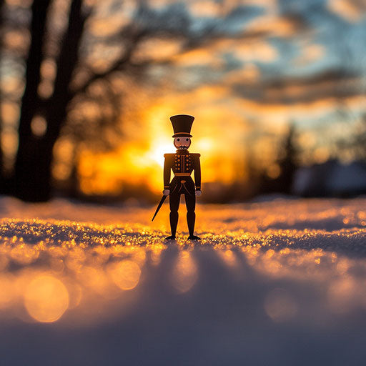 Nutcracker soldier silhouette with vibrant sunset over snow