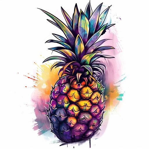 Stylized cartoon pineapple tattoo with bold colors on white