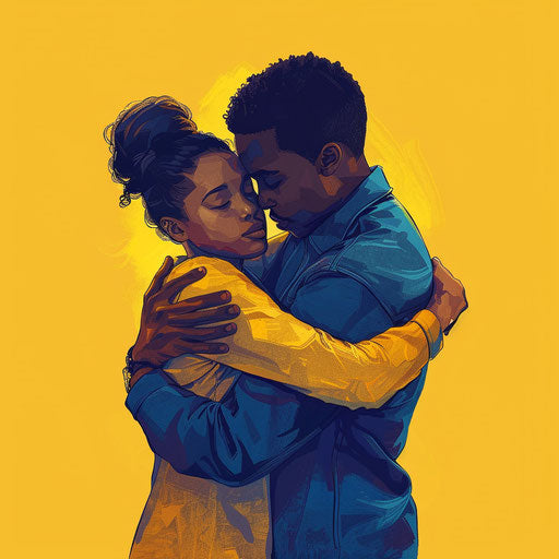 Adorable couple embrace, kadir nelson style, isolated figures, dark yellow and light indigo, emotive body language