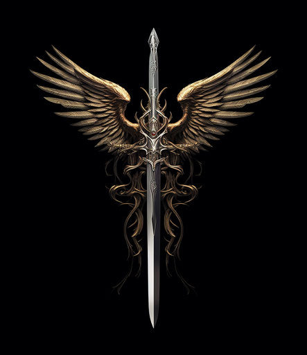 Double blade sword with wings in a black and white sketch