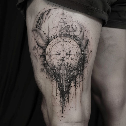 Hip tattoo with celestial theme, J.P. Targete style