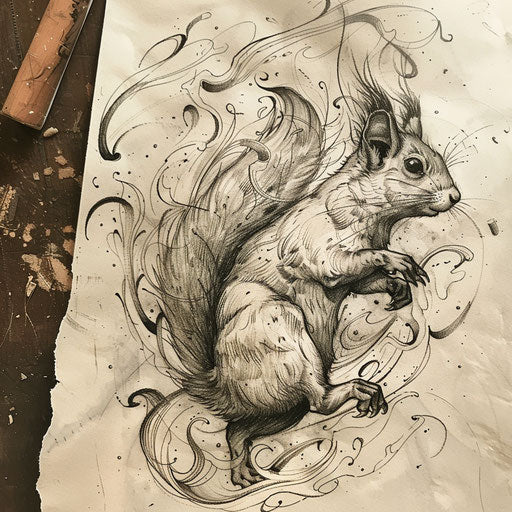 Energetic flat tattoo sketch of a squirrel dashing with a blur of movement