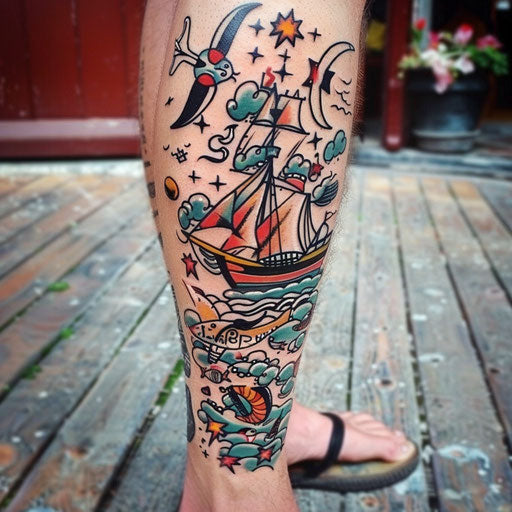 Calf tattoo with nautical motifs