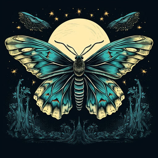 Blue moth with black wings on woodcut-style background