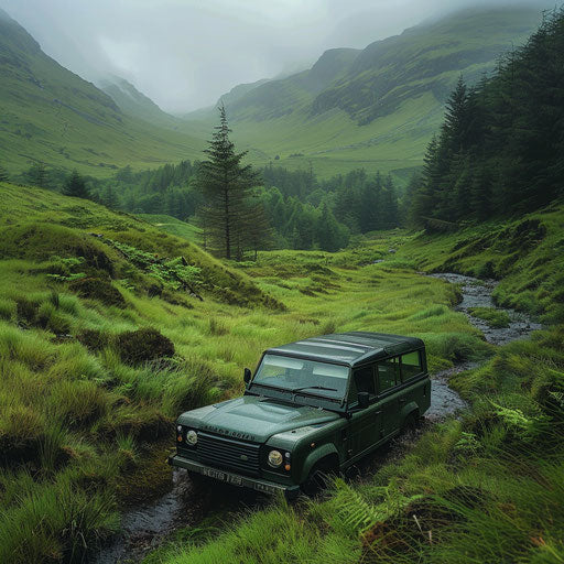 Vintage Range Rover navigating Scottish Highlands lushness