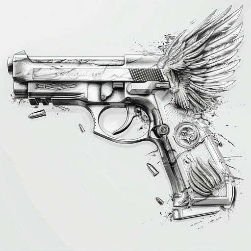 Celestial gun in digital art, monochrome tattoo design