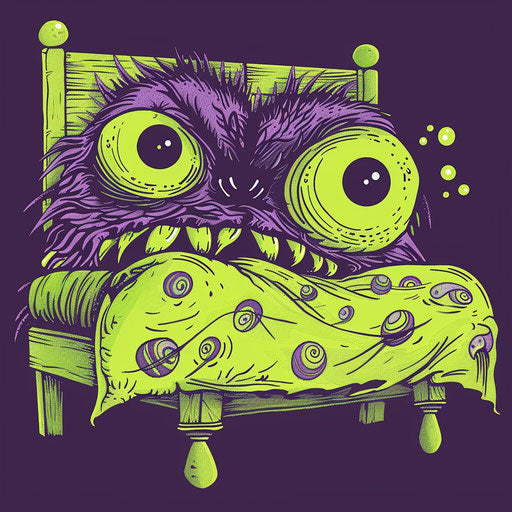 Flat tattoo sketch of a playful monster under the bed