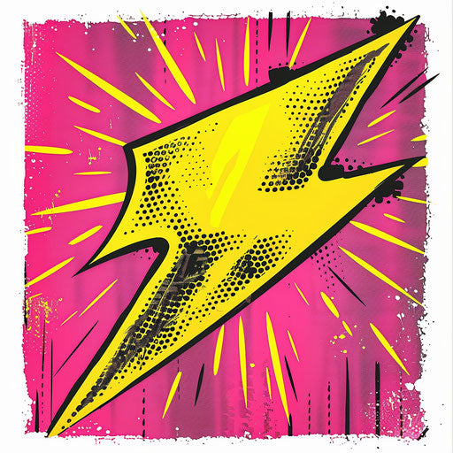 Bright pink and yellow pop art thunderbolt in flat bold clipart style
