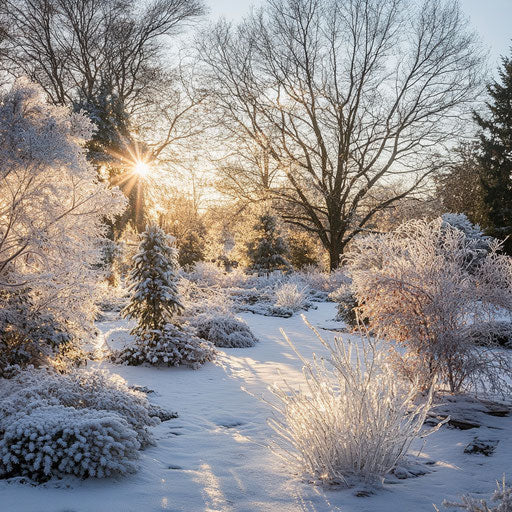 Winter botanical garden, plants and trees encased in ice