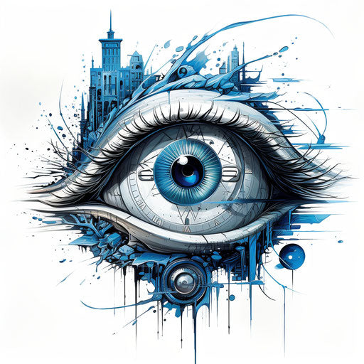 Blue and white eye with blue tint, graffiti-inspired illustration style, supernatural realism