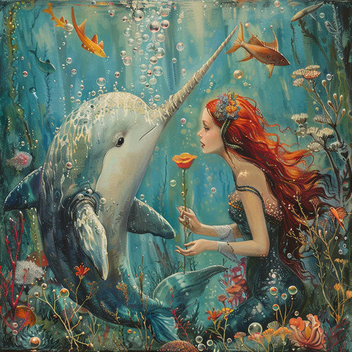 A narwhal and a mermaid sharing secrets in a sunken pearl garden