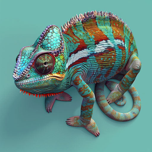 Realistic chameleon on turquoise background, bold outlines