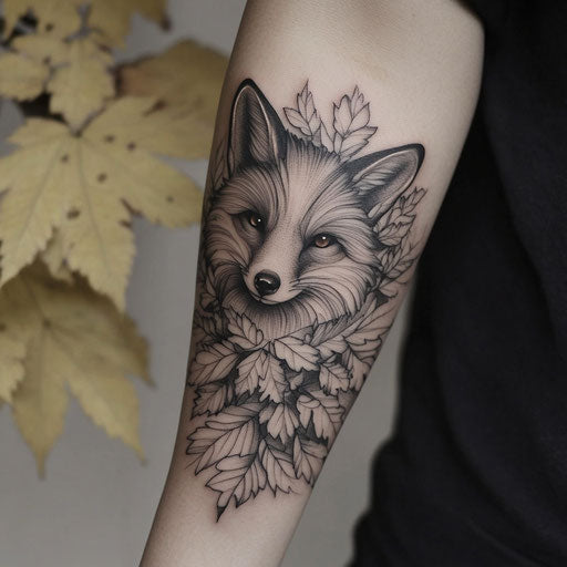 Fox and leaves tattoo on inner forearm