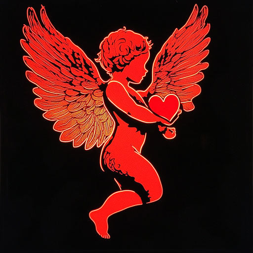 Backlit red silhouette of Cupid with a heart
