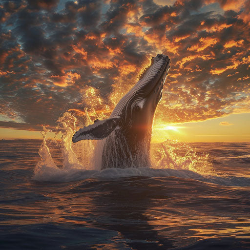 Blue whale jumping with dramatic splash at sunset
