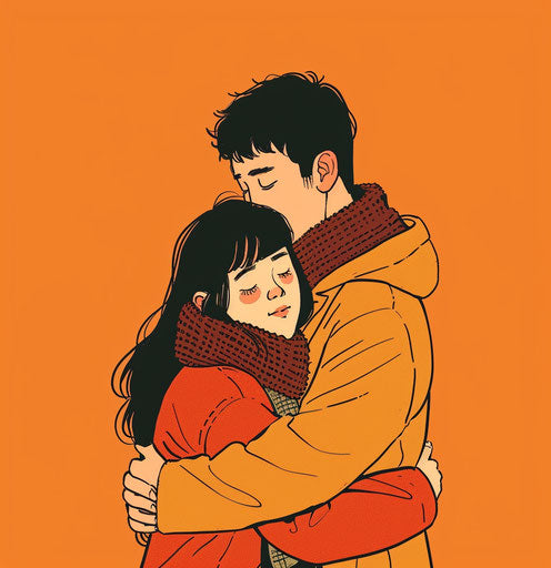 Cartoon illustration of a hugging couple, in the style of light orange and dark crimson