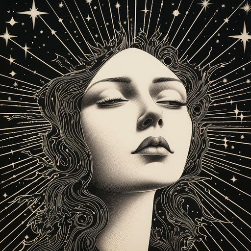 Black and white illustration of Sagittarius and the Moon