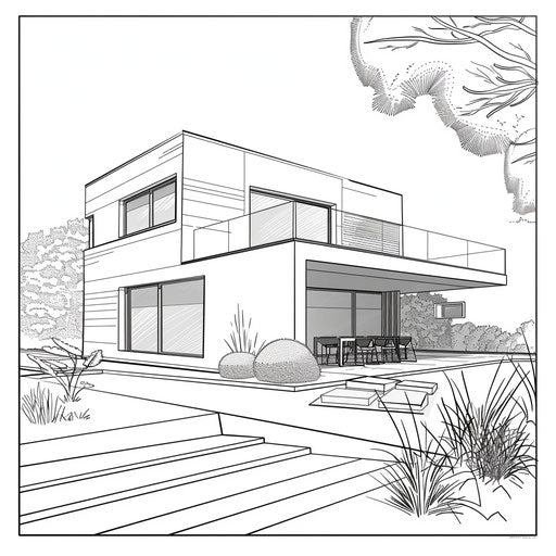 Modern minimalist house with large windows and sleek garden