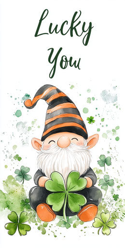 Cute gnome with green shamrock on the ground