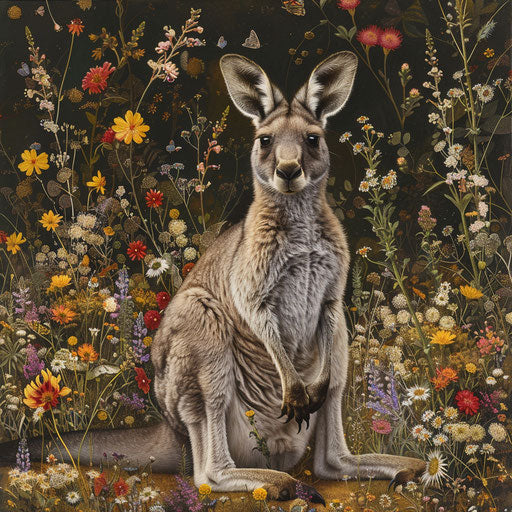 Western grey kangaroo near wild blooming flowers