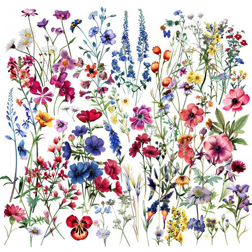 Vibrant collection of wildflower tattoos on pure white background