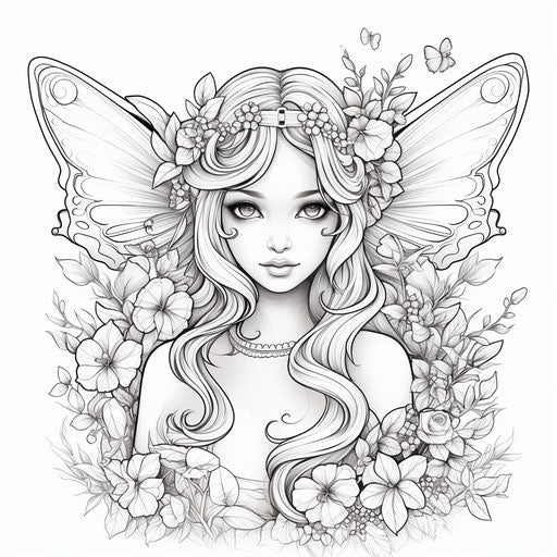 Fairy girl with wings and flowers, coloring pages, captivating