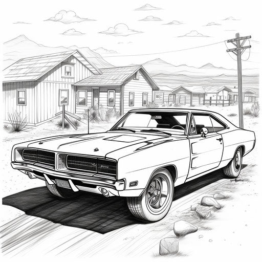 Vintage dodge charger coloring pages in 1970s style