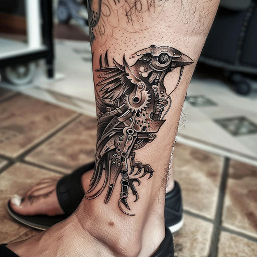 Ankle tattoos in the style of Adrian Smith featuring a mechanical bird