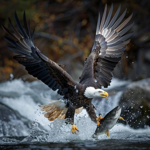 Bald eagle catching a fish from a river