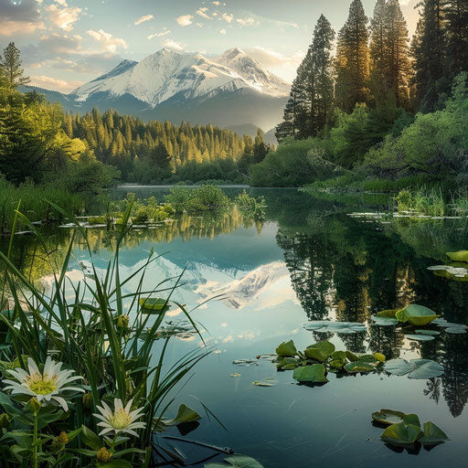 Serene lake reflecting the majesty of Shasta Mountain at dawn