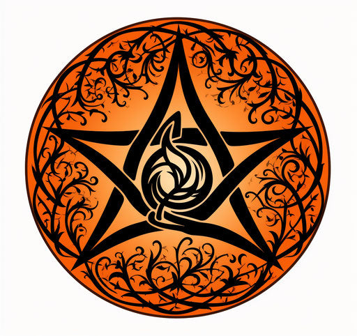 Black pentacle symbol with orange star, punk style, twisted branches