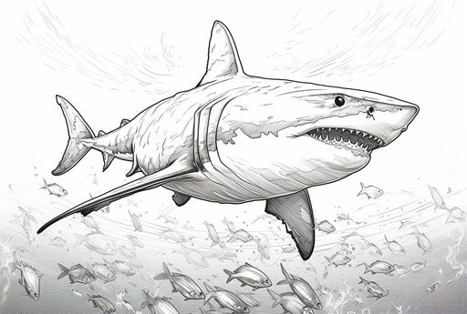 Shark coloring page vector black and white style 2D animation, cross-hatching, cartoon, light orange, télémaque