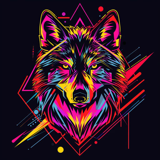 Vibrant flat tattoo sketch of geometric wolf with bold neon colors