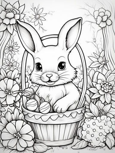 Coloring pages for a bunny Easter basket, Miki Asai style