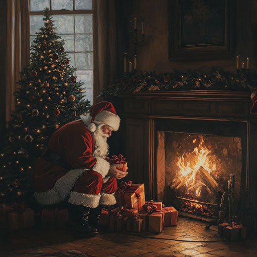 Santa Claus lays presents under the family's Christmas tree, his silhouette framed by the glowing fireplace.