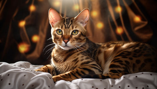 Bengal feline on a bed with white furniture, light maroon and dark gold style